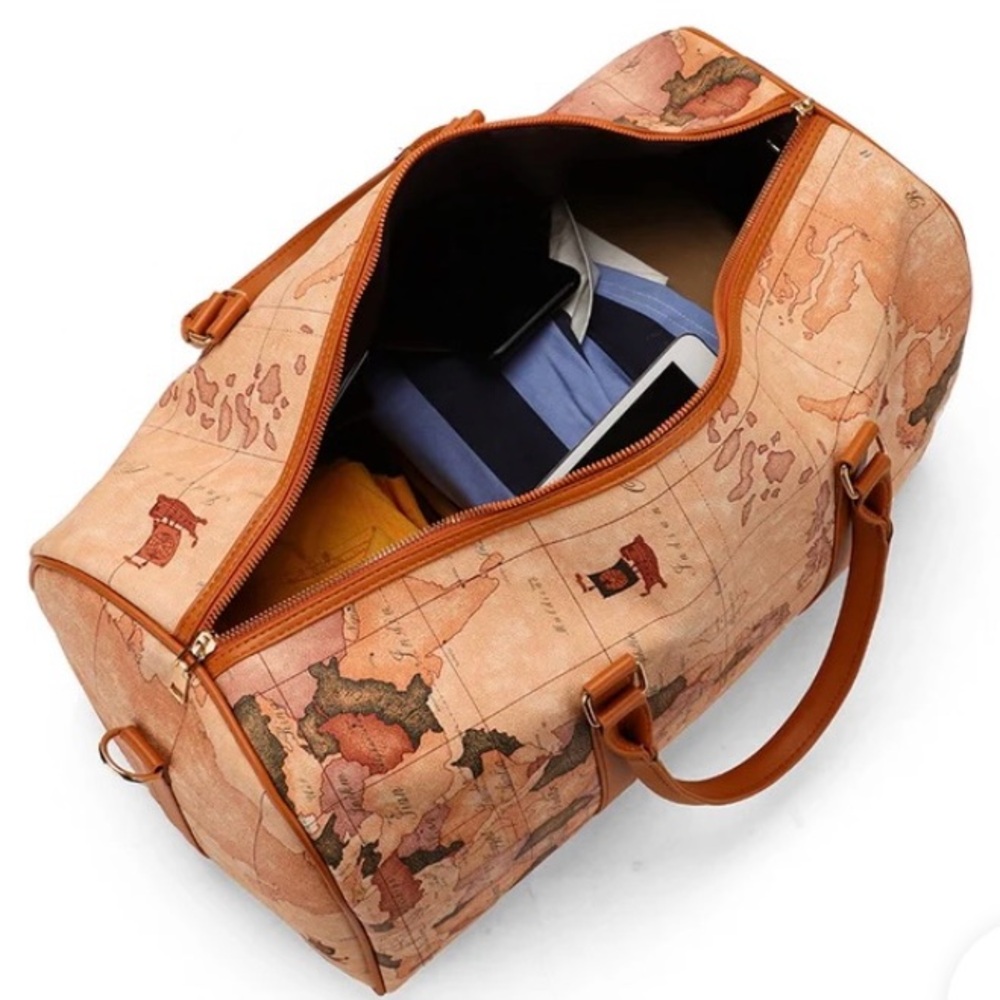 Vintage Map Print Travel Bag With Double Handles & Adjustable Strap 19x14x10